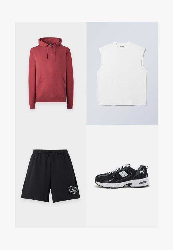 Rød bomulds hoodie med en frontlomme, snoretræk hætte og lille logo på brystet. Har ribbede manchetter og kant.; Hvid ærmeløs bomulds top med rund hals og markerede skulderpartier, mærket "WEEKDAY" på halsmærket, vist på lys grå baggrund.; Sorte atletikshorts med elastisk talje og snøre, med hvid "New Balance"-logo på nederste højre ben.; Sorte og grå sportssko med mesh og ruskind på overdelen, der har en hvid mellemsål, snørebånd og et iøjnefaldende "N" logo på siden.