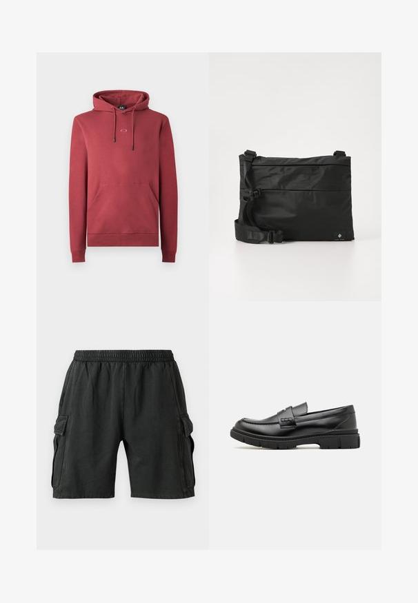Rød bomulds hoodie med en frontlomme, snoretræk hætte og lille logo på brystet. Har ribbede manchetter og kant.; Sorte cargo shorts med elastisk talje, to sidelommer og to cargo-lommer på siderne. Lavet af et blødt, letvægtsstof.; Sort læder loafersko med en bred rem over forfoden, gummisål med tykke mønstre og glat overflade. Klassisk, slankt design.; Sort nylon messenger-taske med justerbar rem, fladt design og et sideetiket med et logo. Glat tekstur og minimalistisk stil.