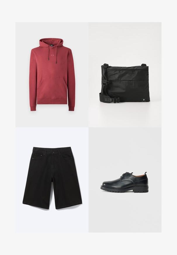 Rød bomulds hoodie med en frontlomme, snoretræk hætte og lille logo på brystet. Har ribbede manchetter og kant.; Sorte denim shorts til knæet med frontknap, bæltestropper og fem lommer, vist mod en hvid baggrund.; Sorte læder derby-sko med en glat overflade, rund tå, snøre-design og en tyk, robust gummisål.; Sort nylon messenger-taske med justerbar rem, fladt design og et sideetiket med et logo. Glat tekstur og minimalistisk stil.