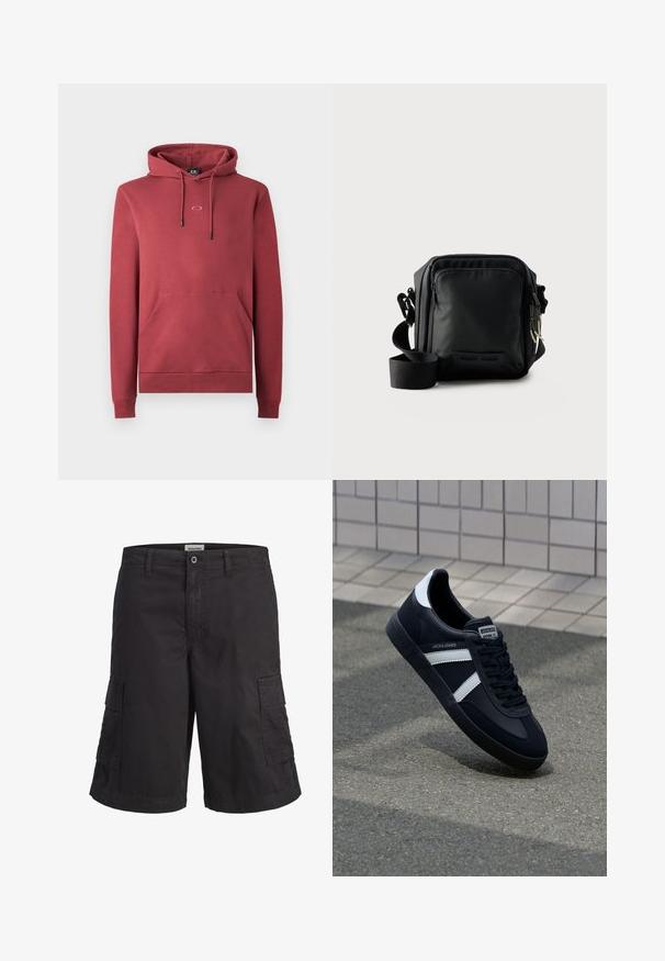 Roter Baumwoll-Hoodie mit einer Fronttasche, Kordelzugkapuze und kleinem Logo auf der Brust. Verfügt über gerippte Bündchen und Saum.; Schwarze Cargoshorts mit Gürtelschlaufen, Knopf- und Reißverschluss sowie zwei großen Seitentaschen, vor weißem Hintergrund.; Schwarze Leder-Sneaker mit weißen Streifen, strukturiertem Gummisohle und Schnürung. Verfügt über ein Markenetikett auf der Zunge.; Schwarze kompakte Umhängetasche mit vorderer Reißverschlusstasche, verstellbarem Riemen und strukturiertem Stoff vor einfarbigem Hintergrund.