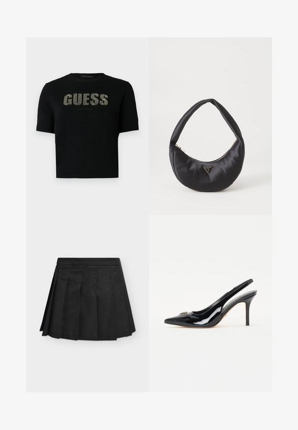 Pull noir à manches courtes avec un col et des poignets côtelés, orné de "GUESS" et "EST. 1981" en clous métalliques sur le devant.; Mini-jupe noire plissée avec large ceinture, plis plats uniformément espacés, présentée à plat sur un fond gris clair.; Escarpins à talons slingback en cuir verni noir avec un bout pointu, un talon aiguille élancé et un ornement décoratif sur la tige.; Sac à main en satin noir avec une forme courbée, doté d'une fermeture à glissière et d'un logo triangulaire en métal à l'avant. Texture lisse et design épuré.