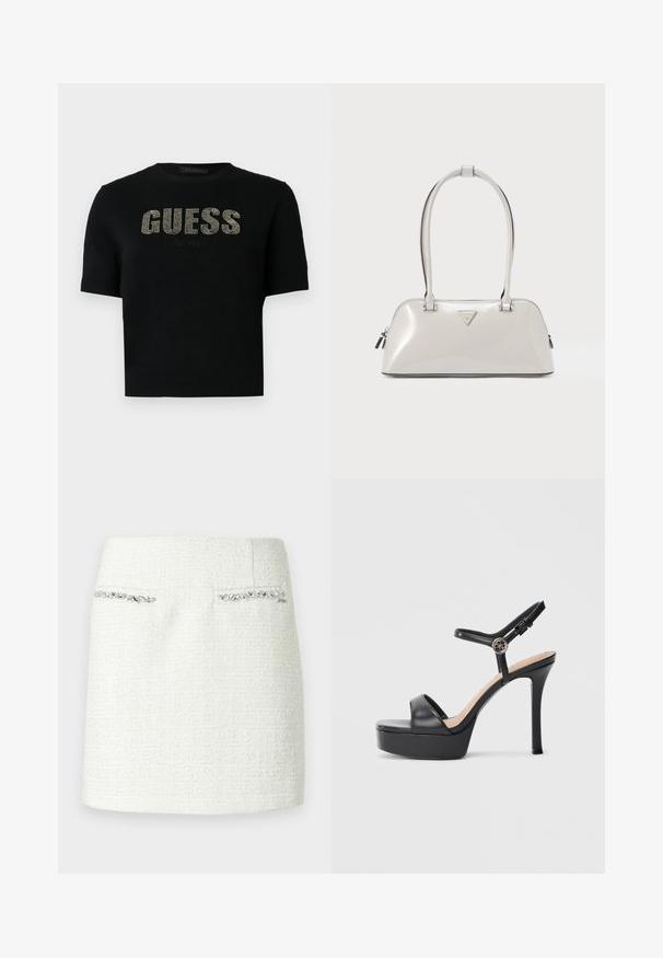 Pull noir à manches courtes avec un col et des poignets côtelés, orné de "GUESS" et "EST. 1981" en clous métalliques sur le devant.; Mini-jupe en tweed blanc avec tissu texturé, comprenant deux poches avant ornées d'un bord métallique argenté. Silhouette nette et droite.; Sandales à plateforme noires avec un talon haut stilettos, dotées d'une tige en cuir lisse, d'un bout ouvert et d'une bride de cheville ajustable avec ferrures.; Sac à main gris clair brillant de forme arrondie, avec deux poignées et un logo triangulaire. Il dispose d'une fermeture éclair et de détails métalliques.