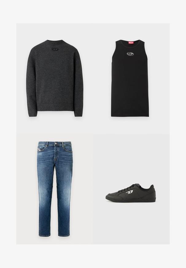 Mørkegrå sweater lavet af blødt strikket stof med rund halsudskæring og ribstrikkede manchetter og kant. Har et lille logodetalje på ryggen.; Sort ærmeløs tanktop lavet af bomuld. Har en rund halsudskæring og en lille hvid Diesel-logo på brystet. Glat tekstur.; Blå denimjeans med lige ben, der har et klassisk design med fem lommer, lyse slidte partier og knaplukning i taljen.; Sorte syntetiske sneakers med en struktureret sort sål, rund tå og flade sorte snørebånd. Fremtrædende hvidt logo på ydersiden.