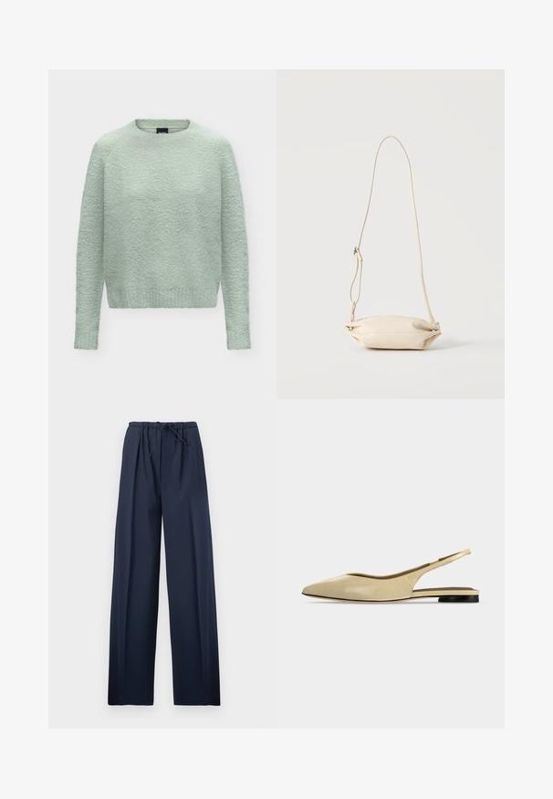 Pull à col rond à manches longues texturé vert clair avec une apparence douce et duveteuse et un ourlet et des poignets côtelés.; Pantalon large bleu marine avec taille élastique et cordon de serrage ajustable, présenté à plat sur un fond blanc.; Chaussure plate beige à bout pointu avec bride arrière, petit talon noir et finition en cuir lisse, vue de côté sur un fond uni.; Petit sac bandoulière en cuir beige avec sangle ajustable, présenté sur un fond clair uni.