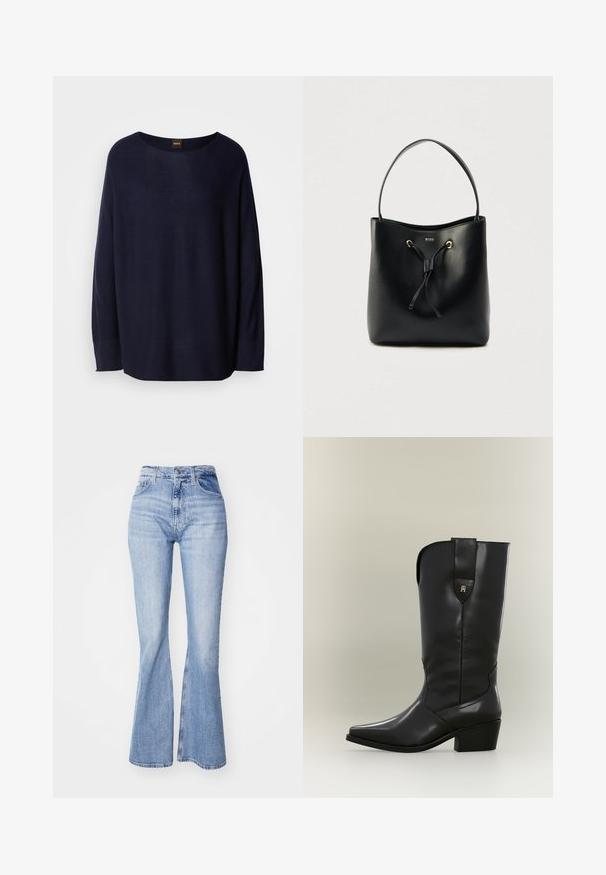 Dunkelblauer Pullover aus weichem Material, mit Rundhalsausschnitt, langen Ärmeln und lockerem Schnitt. Keine Muster oder Hardwaredetails sichtbar.; Hellblaue Schlagjeans aus Denim mit hoher Taille, Fünf-Taschen-Design und dezentem Verblassen entlang der Beine.; Hoher schwarzer Cowboy-Stiefel aus Leder mit spitzer Zehe, klobigem Absatz und Zuglasche mit kleinem goldenen Logo.; Schwarze Leder-Umhängetasche mit glatter Oberfläche, Kordelzugverschluss und einem einzelnen Schulterriemen. Mit goldfarbenen Beschlägen und einem Logo.