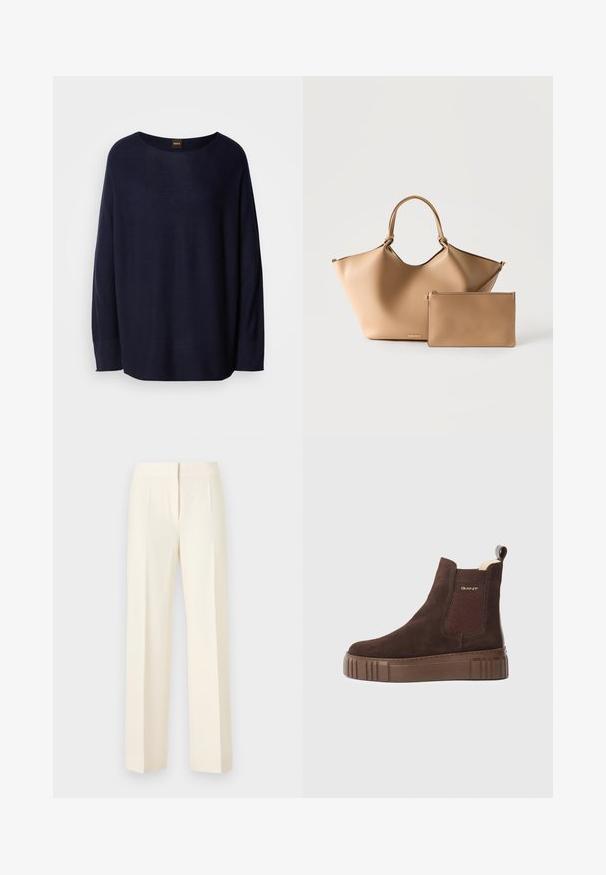 Pull bleu marine en tissu doux, avec un col rond, des manches longues et une coupe décontractée. Aucun motif ni détail en métal visible.; Pantalon droit sur mesure couleur blanc cassé avec pli avant, ceinture et fermeture avant dissimulée sur un fond uni.; Botte Chelsea en suede brun foncé avec semelle en caoutchouc épaisse, panneau latéral élastique, logo GANT et languette à l'arrière.; Grand sac cabas en cuir beige avec doubles poignées et une pochette plate assortie zippée devant sur fond blanc.
