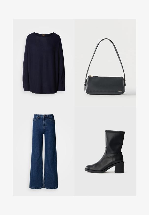 Dunkelblauer Pullover aus weichem Material, mit Rundhalsausschnitt, langen Ärmeln und lockerem Schnitt. Keine Muster oder Hardwaredetails sichtbar.; Weit geschnittene Jeans in dunkler Waschung aus Denim, mit hoher Taille, klassischem Fünf-Taschen-Design und dezenten Steppnähten entlang der Nähte.; Schwarze Leder-Ankle Boots mit runder Zehenform, glatter Oberfläche und dicker Absatz, ausgestattet mit einem eng anliegenden Schaft und subtilen Nähten.; Schwarze rechteckige Lederschultertasche mit goldenem Reißverschluss und kleinem goldenem "HUGO"-Logo auf der Vorderseite, mit verstellbarem Riemen und Schnalle.