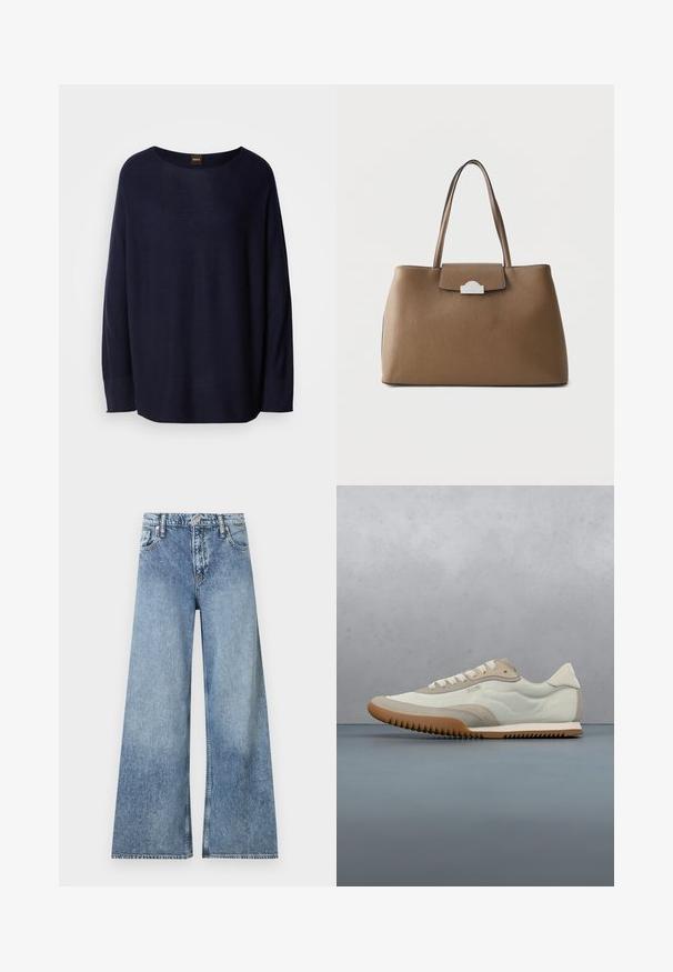 Pull bleu marine en tissu doux, avec un col rond, des manches longues et une coupe décontractée. Aucun motif ni détail en métal visible.; Jean denim bleu clair à jambes larges avec poches avant, passants pour ceinture, fermeture à bouton et détails délavés.; Sneakers blancs et beiges avec une tige lisse et des accents en daim, une semelle texturée et des coutures ton sur ton. Fermeture à lacets avec détail de logo.; Sac fourre-tout en cuir marron avec deux poignées et une petite fermeture argentée sur le rabat avant, sur un fond uni.
