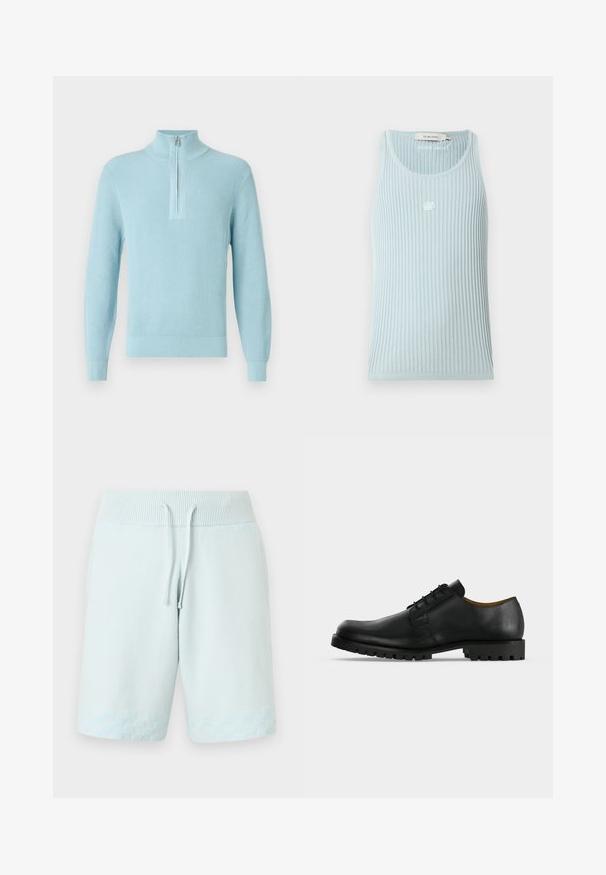 Pull bleu clair côtelé avec un col montant, une fermeture à glissière mi-hauteur, des manches longues et un ourlet ajusté, fabriqué en tissu doux et texturé.; Débardeur côtelé bleu clair sans manches avec col rond et petit logo blanc brodé centré sur la poitrine.; Shorts en tricot bleu clair avec taille côtelée, cordon réglable et motif damier subtil près de l'ourlet.; Chaussure de ville noire en cuir à lacets avec une semelle épaisse et rainurée et un petit talon, présentée sur fond blanc.