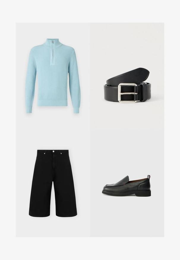 Pull bleu clair côtelé avec un col montant, une fermeture à glissière mi-hauteur, des manches longues et un ourlet ajusté, fabriqué en tissu doux et texturé.; Short en jean noir à jambes larges avec poches avant, passants de ceinture et fermeture bouton argenté sur fond clair uni.; Chaussure slip-on en cuir noire avec un bout rond, un dessus texturé, des coutures rouges contrastantes et un petit talon. Présente une languette en boucle.; Ceinture en cuir noir à texture lisse, boucle en métal argenté, et design épuré et simple. Comprend des trous pour un ajustement réglable.