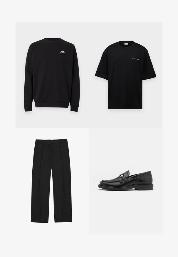 Sweat-shirt noir à manches longues col rond avec petit logo blanc "A C W" et motif de crochets sur la partie supérieure gauche de la poitrine.; T-shirt en coton noir avec une coupe décontractée, des manches courtes et un logo blanc "FILLING PIECES" sur la poitrine gauche. Texture lisse.; Pantalon noir à coupe droite, avec des plis, des poches latérales et une ceinture plate. Confectionné dans un tissu lisse à finition mate.; Mocassins en cuir noir avec un embout rond, présentant des accents en métal doré et des détails de couture, montés sur une semelle en caoutchouc texturé et basse.