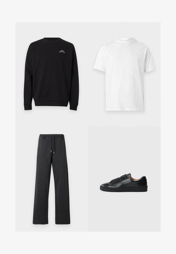 Sweat-shirt noir à manches longues col rond avec petit logo blanc "A C W" et motif de crochets sur la partie supérieure gauche de la poitrine.; T-shirt blanc uni à manches courtes avec un col rond, au design simple et épuré, sans logos ni motifs visibles.; Pantalon de survêtement noir à coupe ample, taille élastique avec cordon de serrage. Fabriqué en tissu doux, avec deux coutures latérales et sans poches.; Baskets en cuir noir avec une texture lisse, bout rond et fermeture à lacets. Comprend une semelle en caoutchouc épaisse et un minimum de détails de marque.
