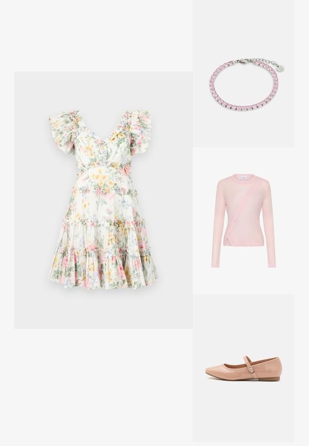Cárdigan de manga larga en rosa claro con cierre de botones diagonal, cuello y dobladillo acanalados, y textura suave y ligeramente transparente.; Vestido floral en tejido ligero, con mangas rizadas, escote en V profundo y falda de volantes con flores en tonos pastel y acentos de volantes a juego.; Call it Spring JANEYY - Bailarinas con hebilla - other beige; LIU JO TENNIS BRACELET ESSENTIAL - Pulsera - silver-coloured/pink