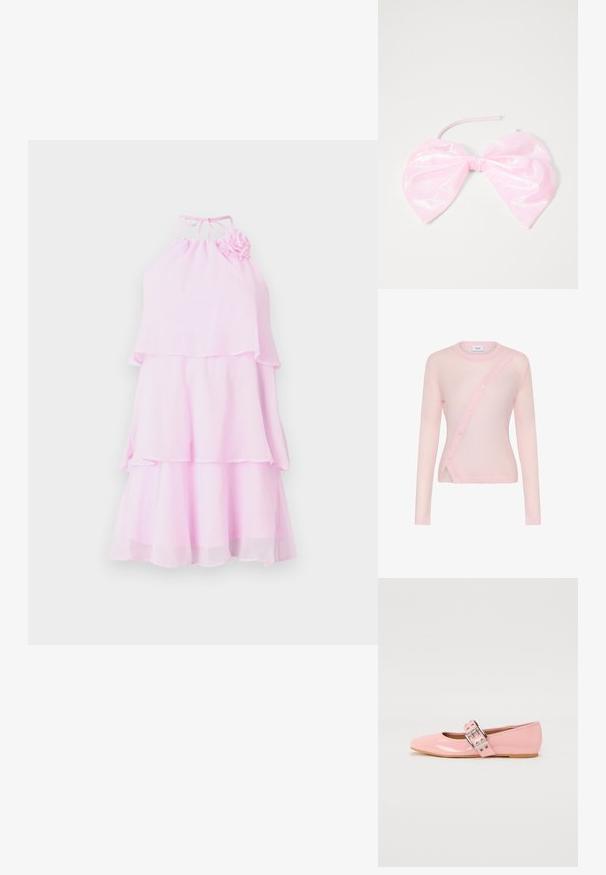 Lichtroze lange mouwen cardigan met een diagonale knoopsluiting, geribbelde halslijn en zoom, en een zachte, licht doorzichtige textuur.; Roze, gelaagd jurkje met een halternek en een bloemenaccent. Gemaakt van lichtgewicht stof, met een vloeiende uitstraling en gelaagde ruches.; Roze gepatineerde leren balletschoenen met een vierkante neus, gespsluiting en een platte rubberen zool. Gladde textuur overal.; Roze, glanzige haaraccessoire in de vorm van een grote strik, met een gladde textuur en een dunne band om het op zijn plaats te bevestigen.