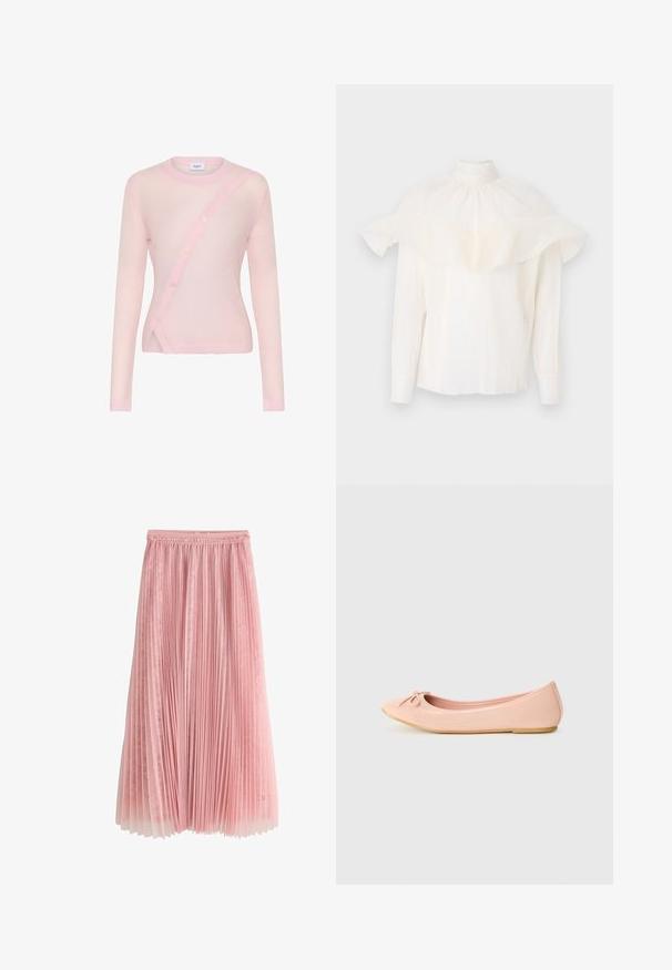 Cárdigan de manga larga en rosa claro con cierre de botones diagonal, cuello y dobladillo acanalados, y textura suave y ligeramente transparente.; Blusa blanca con un cuello alto, tejido texturizado y mangas acampanadas de gran tamaño. Mangas largas con puños ajustados y un corte relajado en general.; Falda midi plisada rosa con una capa inferior de encaje y cinturilla fruncida, mostrada sobre un fondo blanco.; Zapato plano de ballet en material sintético rosa claro con puntera redondeada, que presenta un pequeño detalle de lazo y una suela flexible.