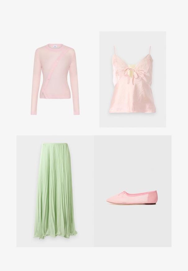 Cárdigan de manga larga en rosa claro con cierre de botones diagonal, cuello y dobladillo acanalados, y textura suave y ligeramente transparente.; Camisola de satén rosa claro con ribete de encaje, tirantes finos, escote con ojal y detalle de lazo delantero.; Falda larga plisada verde claro con tela fluida y cinturilla elástica, exhibida contra un fondo blanco.; Bailarina rosa hecha de tejido suave, con punta afilada y un pequeño lazo en la parte superior, además de una suela baja y flexible.
