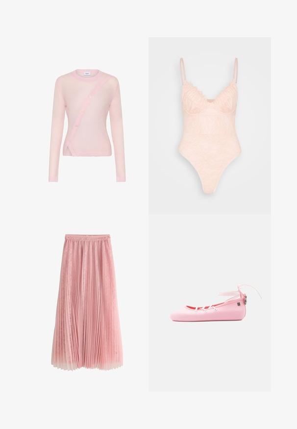 Lys rosa langærmet cardigan med diagonalt knaplukning, ribbet hals og kant samt blød, let gennemsigtig tekstur.; IN THE STYLE LINGERIE BODYSUIT - Top - rosé; Rosa plisseret midi-nederdel med et lag af blonder under og en rynket talje, vist på en hvid baggrund.; Blød lyserød balletballerina med hvide snørebånd, ankelrem med bindelukning og en sølv lynlåstrækker på en ensfarvet hvid baggrund.