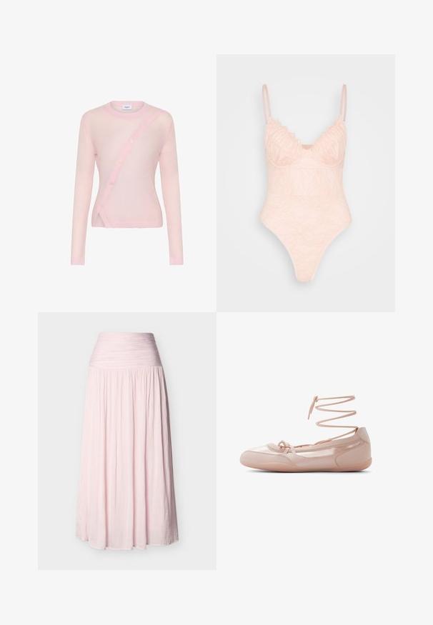 Lichtroze lange mouwen cardigan met een diagonale knoopsluiting, geribbelde halslijn en zoom, en een zachte, licht doorzichtige textuur.; IN THE STYLE LINGERIE BODYSUIT - Top - rosé; Maxi-rok met hoge taille in lichtroze, voorzien van een elastische tailleband met plooien en een vloeiende, geplooide stof die tot op de grond reikt.; Roze leren ballerinas met een afgeronde neus, veters rondom de enkel en een gladde textuur. Lichtgewicht ontwerp met minimale stikaccenten.