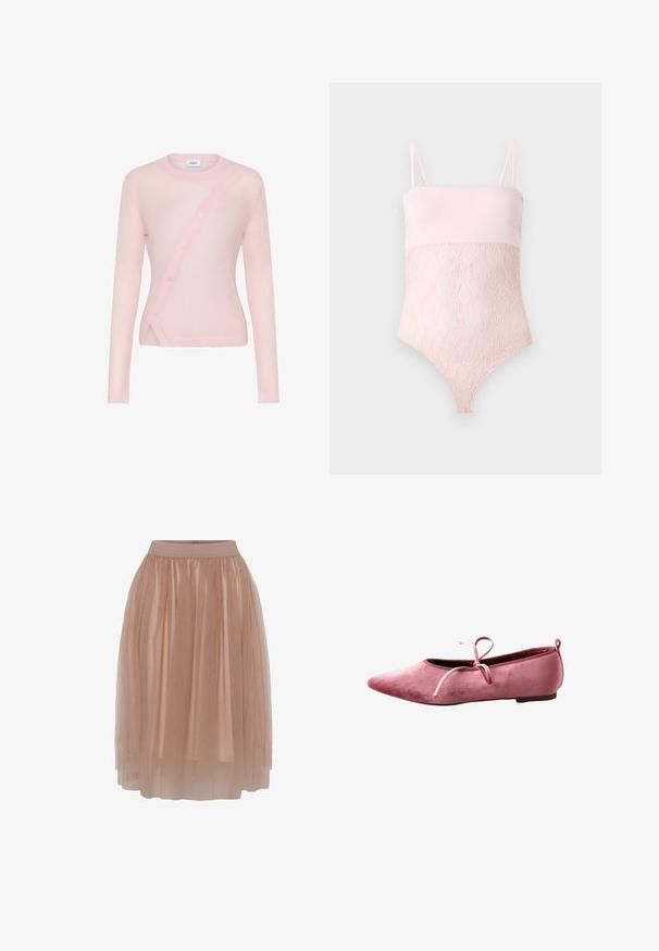 Cárdigan de manga larga en rosa claro con cierre de botones diagonal, cuello y dobladillo acanalados, y textura suave y ligeramente transparente.; Body de encaje rosa claro con tirantes finos y una parte superior lisa sobre un fondo liso y claro.; Falda de tul en un suave color nude con una cinturilla elástica ajustada, que presenta una tela ligera y transparente en capas y una textura suave.; Bailarina de terciopelo rosa con puntera puntiaguda, suela fina y lazo atado en la parte superior.
