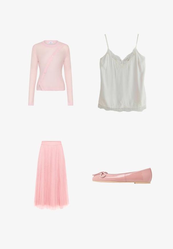 Lys rosa langærmet cardigan med diagonalt knaplukning, ribbet hals og kant samt blød, let gennemsigtig tekstur.; Hvid ærmeløs camisole med tynde stropper og blondekant på udskæringen og kanten, lavet af glat stof.; zero MIT PLIESSENDEM BECHER - Pliceret nederdel /Nederdele med folder - bridal rose; Lyserøde patentlæder balletflade med en rund tå, rebdetalje foran og en beige gummisål. Glat, blank finish overalt.