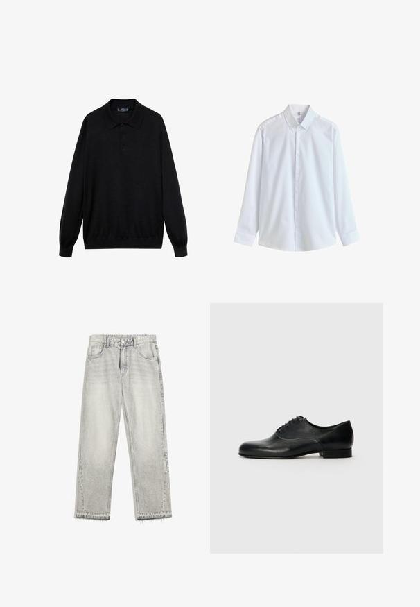 Schwarzes Langarm-Polohemd aus weichem Stoff, mit klassischem Kragen, drei Knöpfen und gerippten Bündchen und Saum.; Weißes Hemd mit langen Ärmeln, Knopfleiste, spitzem Kragen und geknöpften Manschetten, flach auf weißem Hintergrund dargestellt.; Hellgraue Jeans aus Denim mit leicht gefärbtem Finish, geradem Schnitt, fünf Taschen-Design und ausgefranstem Saum. Flacher Bund mit Gürtelschlaufen.; Filippa K DERBY - Business-Schnürer - black
