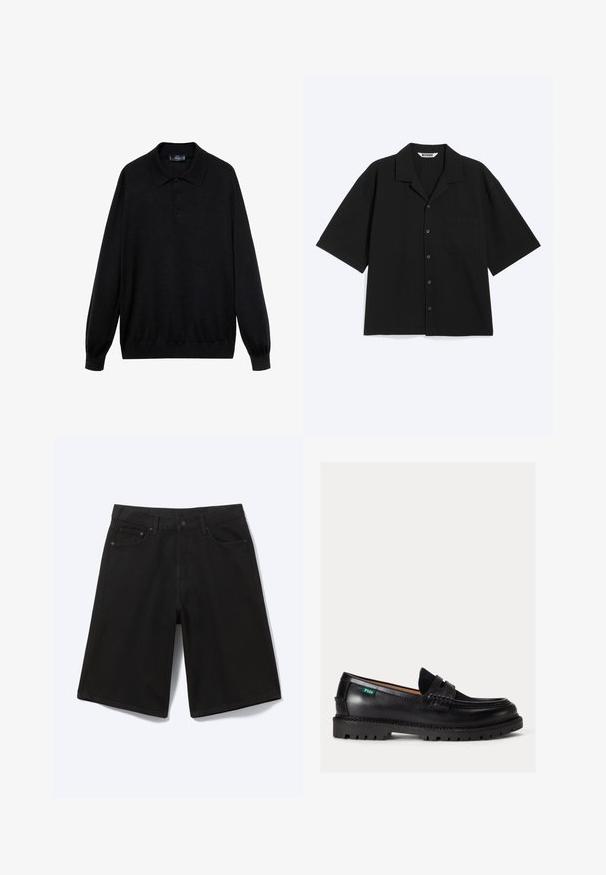 Polo negro de manga larga hecho de tejido suave, con un collar clásico, tres botones y puños y dobladillo acanalados.; Camisa negra de manga corta con botones, cuello campestre y bolsillo en el pecho, colocada plana sobre un fondo claro.; Pantalones cortos vaqueros negros hasta la rodilla con botón frontal, trabillas para cinturón y cinco bolsillos, mostrados sobre un fondo blanco.; Mocasín de cuero negro con suela gruesa, puntera redondeada y etiqueta verde con el logo Polo en el lateral.