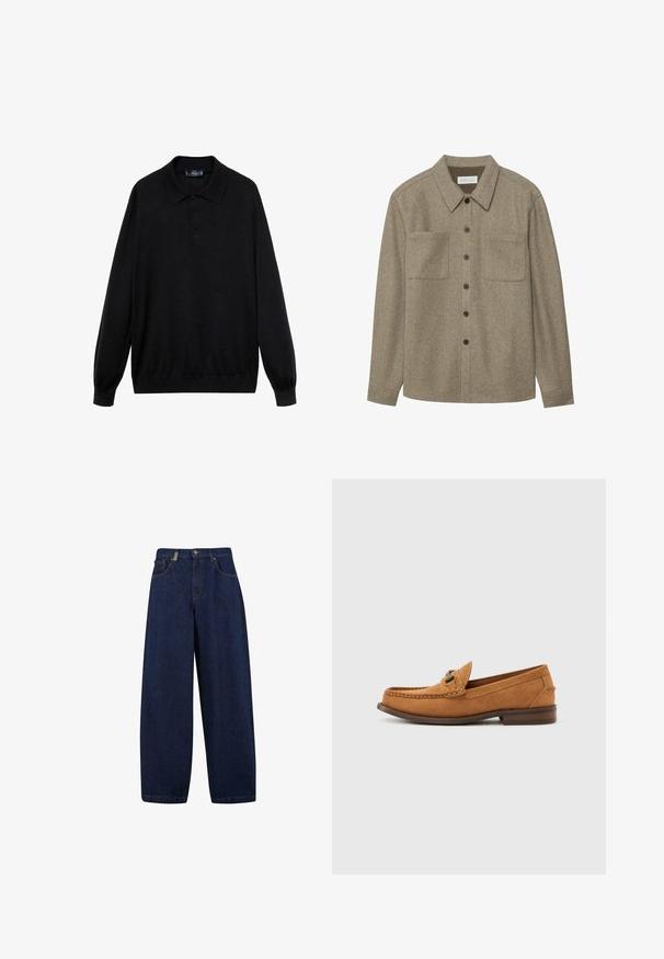 Sort langærmet polo-skjorte lavet af blødt stof, med klassisk krave, tre knapper og ribbede manchetter og kant.; Brun uld button-up skjorte med spidse kraver, to brystlommer og sorte knapper. Glat tekstur med afslappet pasform.; Løse, mørkeblå denimjeans med høj talje, frontlommer og lige ben. Inkluderer sølvfarvet hardware og minimal syning.; Lysebrun herre loafer i ruskind med metalbitdetalje og synlig syning på moc-tåen, vist i profil mod en ensfarvet hvid baggrund.