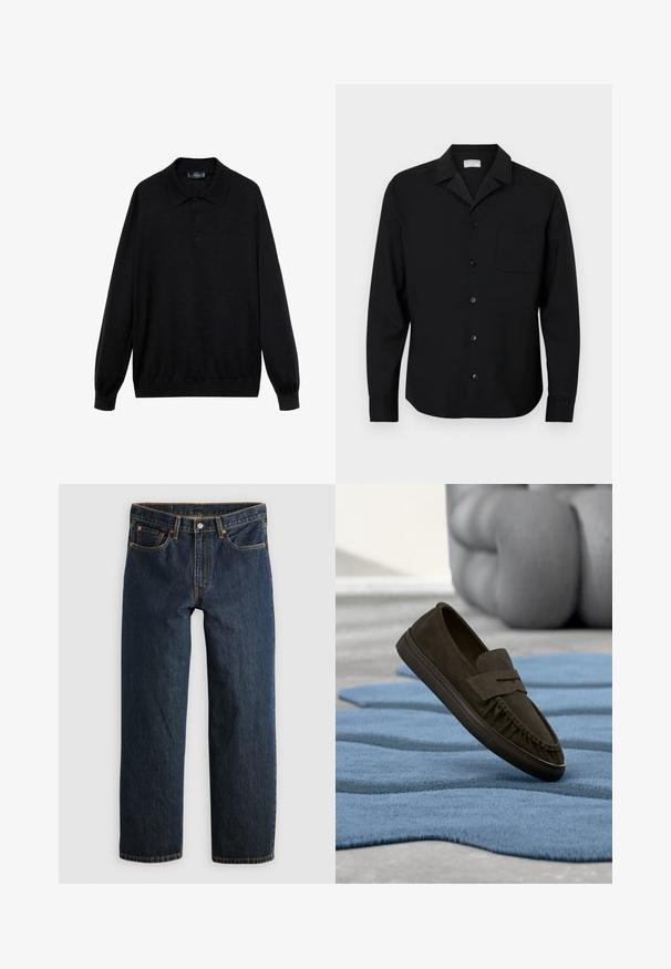 Schwarzes Langarm-Polohemd aus weichem Stoff, mit klassischem Kragen, drei Knöpfen und gerippten Bündchen und Saum.; Schwarzes Hemd mit Knopfleiste aus einem Stoff mit glatter Textur, das einen spitzen Kragen, eine Brusttasche und normale Manschetten aufweist.; Dunkelblaue Jeans aus Denim mit geradem Bein. Verfügen über fünf Taschen, kontrastierende Naht und eine Knopfverschluss am Bund.; Dunkelbrauner Wildleder-Loafer, der über einem strukturierten blauen Teppich schwebt, mit unscharfen grauen Skulpturmöbeln im Hintergrund.