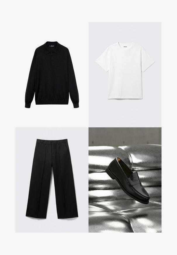 Polo negro de manga larga hecho de tejido suave, con un collar clásico, tres botones y puños y dobladillo acanalados.; Camiseta blanca de manga corta con cuello redondo, colocada plana, diseño liso, con etiqueta "WEEKDAY" en el interior del cuello sobre un fondo claro.; Pantalones negros de pierna ancha con trabillas para cinturón, bolsillos delanteros y cierre de cremallera, exhibidos sobre un fondo gris claro.; Zapato mocasín de cuero negro flotando sobre un sofá plateado brillante con tapizado capitoné de cuero en un ambiente minimalista.