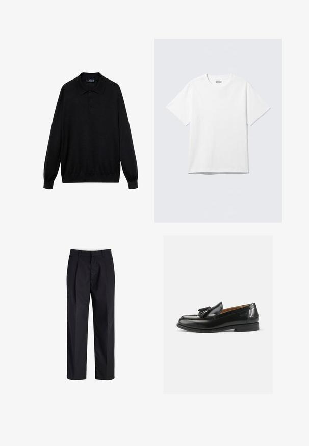 Polo negro de manga larga hecho de tejido suave, con un collar clásico, tres botones y puños y dobladillo acanalados.; Camiseta blanca de manga corta con cuello redondo, colocada plana, diseño liso, con etiqueta "WEEKDAY" en el interior del cuello sobre un fondo claro.; Pantalones negros de tiro recto con cinturilla, trabillas, cremallera frontal y bolsillos laterales mostrados sobre un fondo blanco.; Mocasines de cuero negro con un acento de borlas, punta redondeada y un acabado suave. La suela es plana con un patrón de relieve mínimo.