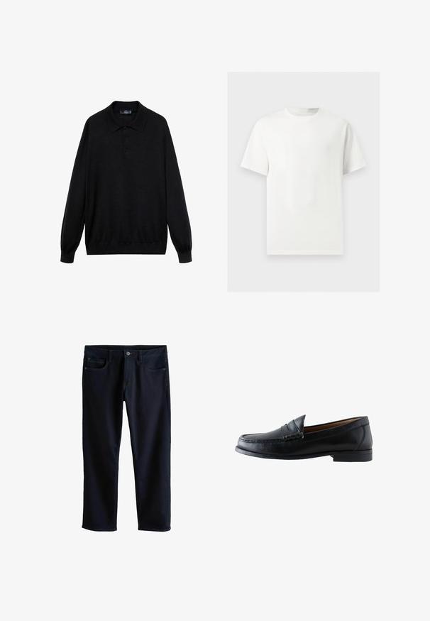 Schwarzes Langarm-Polohemd aus weichem Stoff, mit klassischem Kragen, drei Knöpfen und gerippten Bündchen und Saum.; Ein einfaches weißes T-Shirt mit kurzen Ärmeln und Rundhalsausschnitt, dargestellt auf einem hellgrauen Hintergrund.; Dunkelblaue Jeans aus Denim mit klassischem Fünf-Taschen-Design, geradem Bein und kontrastierender gelber Naht entlang der Nähte und Taschen.; Schwarzer Leder-Herrenloafer mit genähter Mokassinfalz, Penny-Riemen und niedrigem gestapeltem Absatz, von der Innenseite auf weißem Hintergrund gezeigt.
