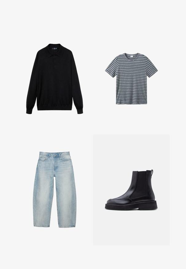 Zwarte longsleeve polo shirt van zachte stof, met een klassieke kraag, drie knopen en ribgebreide manchetten en onderrand.; Grijs T-shirt met korte mouwen, zwarte horizontale strepen en een ronde hals, plat neergelegd op een witte achtergrond.; Lichtblauwe wijde spijkerbroek met steekzakken aan de voorkant, broekriemlussen en een knoopsluiting.; Zwarte leren Chelsea-laars met dikke zool, elastisch zijpaneel en treklus op een effen witte achtergrond.