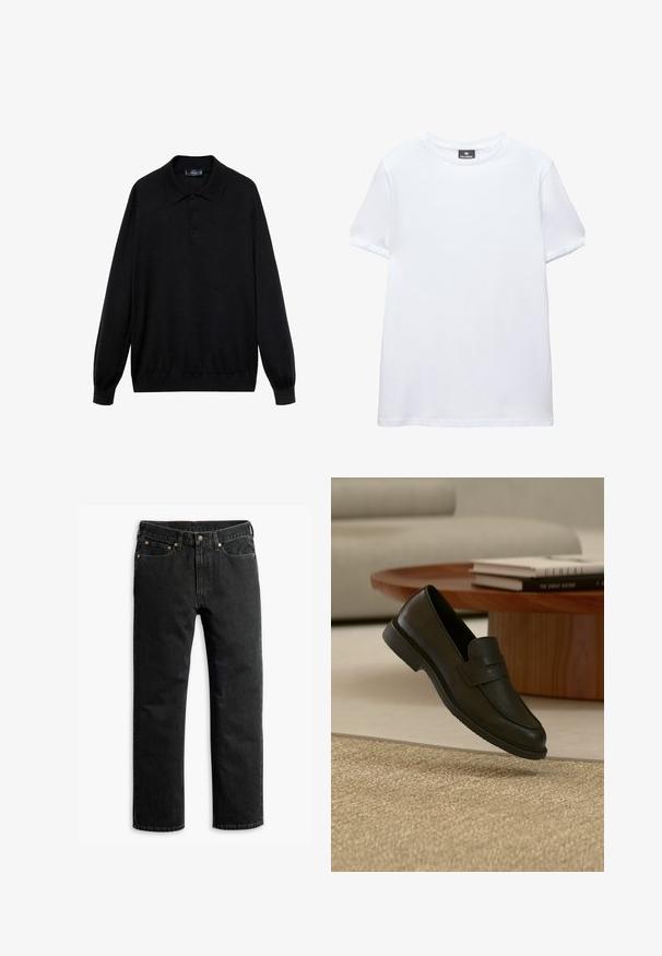 Schwarzes Langarm-Polohemd aus weichem Stoff, mit klassischem Kragen, drei Knöpfen und gerippten Bündchen und Saum.; Einfaches weißes T-Shirt mit kurzen Ärmeln und Rundhalsausschnitt mit einem schwarzen Pull&Bear-Etikett innen am Kragen, abgebildet auf weißem Hintergrund.; Schwarze Jeans im geraden Schnitt mit fünf Taschen, Gürtelschlaufen und einem Knopfverschluss an der Taille, flach auf einem weißen Hintergrund ausgelegt.; Schwarzer Lederloafer-Schuh schwebt über einem beige gewebten Teppich, mit einem Holztisch und gestapelten Büchern in einem sanft beleuchteten Wohnzimmer.