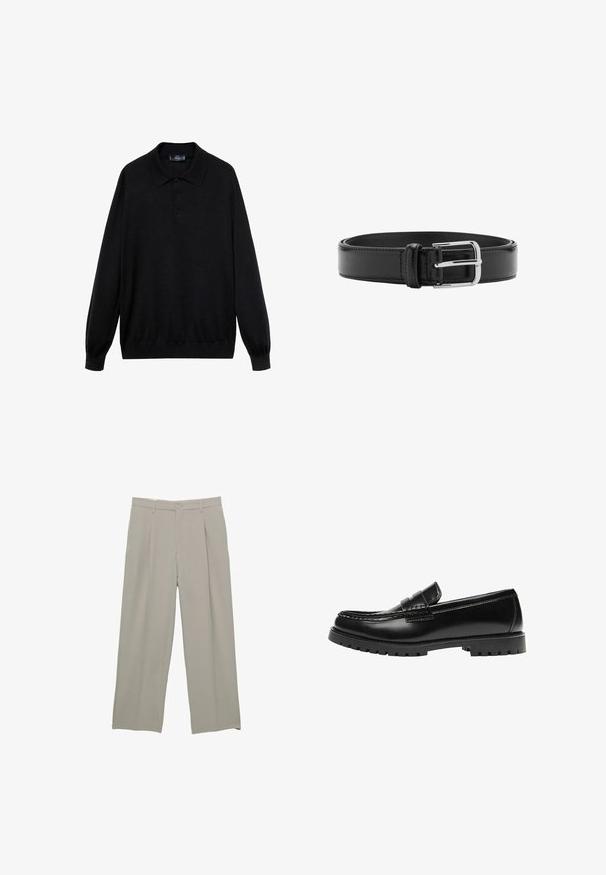 Zwarte longsleeve polo shirt van zachte stof, met een klassieke kraag, drie knopen en ribgebreide manchetten en onderrand.; Lichtgrijze wijde broek met een gladde textuur, voorzien van plooien aan de voorkant, een knoopsluiting en zijzakken.; Zwarte leren loafer met een dikke rubberen zool en klassieke penny-strap details, gezien vanaf de buitenkant.; Zwarte leren riem met zichtbare stiksels en een glanzende zilverkleurige gesp, plat gelegd in een opgerolde positie op een witte achtergrond.