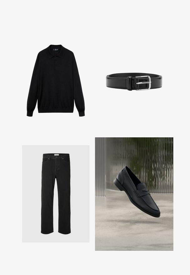 Polo negro de manga larga hecho de tejido suave, con un collar clásico, tres botones y puños y dobladillo acanalados.; Los jeans rectos de mezclilla negra presentan un diseño clásico de cinco bolsillos con cierre de botón, costuras mínimas y una textura suave.; Zapato tipo mocasín de cuero negro con acabado liso, punta puntiaguda y detalles cosidos en la pala. Tacón bajo y diseño minimalista.; Cinturón de cuero negro con costuras visibles y una hebilla plateada brillante, colocado plano en posición enrollada sobre un fondo blanco.