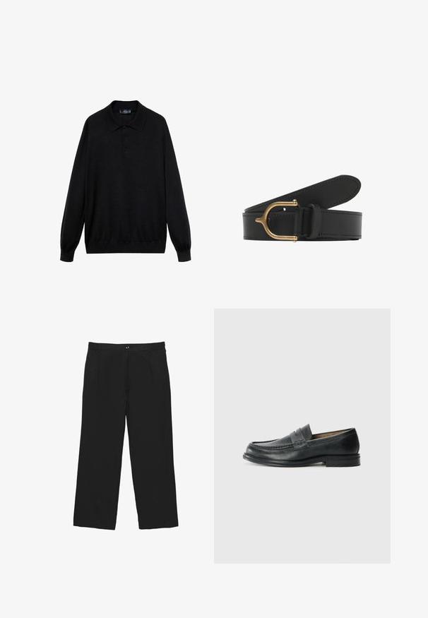 Sort langærmet polo-skjorte lavet af blødt stof, med klassisk krave, tre knapper og ribbede manchetter og kant.; Sorte bukser med lige ben, foran med knap, lynlås og sidelommer, vist på en hvid baggrund.; Sorte læder loafers med et klassisk design, der har en syet detalje ved tåen og en lav, tekstureret gummisål.; Sort læderbælte med tekstureret finish. Udstyret med spænde i guldfarvet metal og syninger langs kanterne. Justerbar pasform.