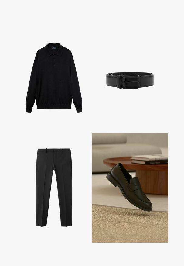 Zwarte longsleeve polo shirt van zachte stof, met een klassieke kraag, drie knopen en ribgebreide manchetten en onderrand.; Zwarte, op maat gemaakte nette broek met een slim fit, riemlussen en voorvouwen, plat weergegeven tegen een witte achtergrond.; Zwarte leren loafer schoen getoond in de lucht boven een beige geweven tapijt, met een houten tafel en gestapelde boeken in een zacht verlichte woonkamer.; Zwarte leren riem opgerold met een vierkante zwarte metalen gesp en lus, afgebeeld op een witte achtergrond.