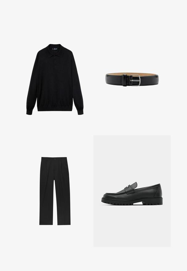 Zwarte longsleeve polo shirt van zachte stof, met een klassieke kraag, drie knopen en ribgebreide manchetten en onderrand.; Zwarte broeken met een recht model, gemaakt van een gladde stof. Voorzien van een voorplooien en een enkele knoopsluiting bij de taille.; Zwarte leren instappers met een ronde neus, voorzien van een gestikt ontwerp, een lage platformzool en een gestructureerde, grof rubberen buitenzool.; Zwarte leren riem met een glanzende zilveren metalen gesp, met een gladde textuur en een minimalistisch ontwerp. De binnenkant is beige.