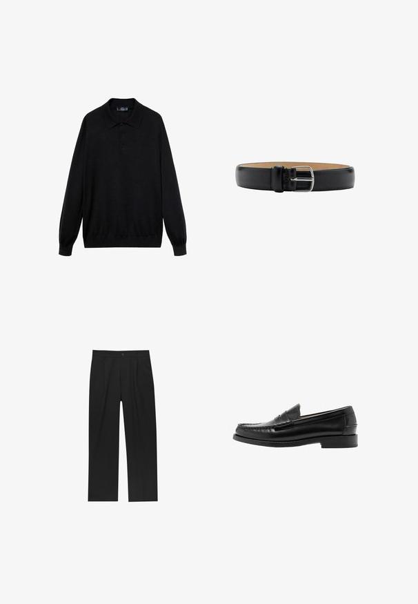 Zwarte longsleeve polo shirt van zachte stof, met een klassieke kraag, drie knopen en ribgebreide manchetten en onderrand.; Zwarte broeken met een recht model, gemaakt van een gladde stof. Voorzien van een voorplooien en een enkele knoopsluiting bij de taille.; Zwarte leren penny loafer met gestikte moc-toe, lage hak en glad gepolijste afwerking, zijaanzicht tegen een witte achtergrond.; Zwarte leren riem met een glanzende zilveren metalen gesp, met een gladde textuur en een minimalistisch ontwerp. De binnenkant is beige.