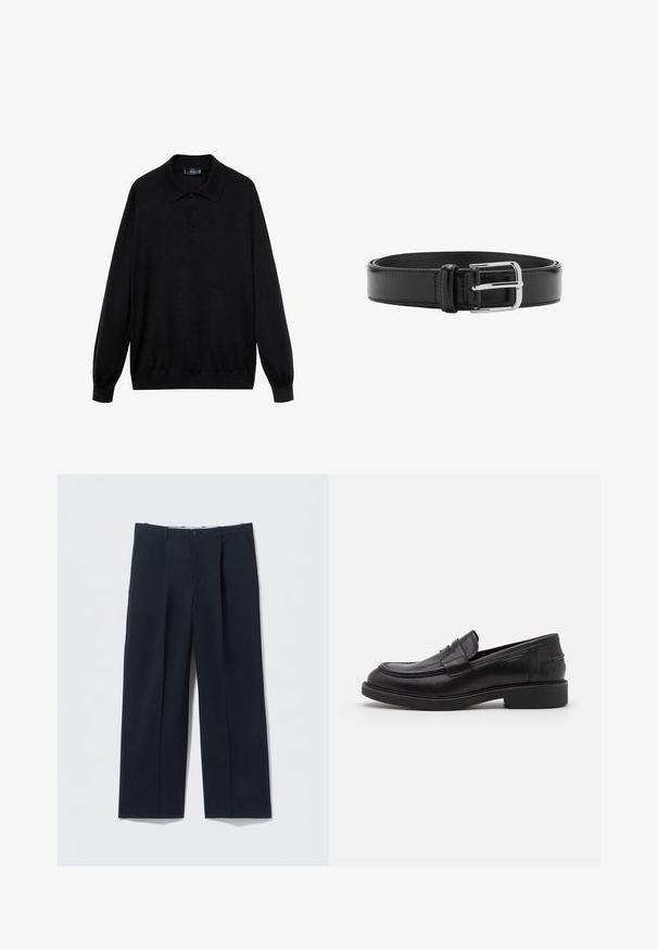 Polo negro de manga larga hecho de tejido suave, con un collar clásico, tres botones y puños y dobladillo acanalados.; Pantalones azul marino oscuros hechos de tela suave, con un ajuste entallado, dos bolsillos delanteros y cierre de botón.; Mocasines de cuero negro con puntera redondeada, costuras tonales y un detalle de tira en la parte frontal. Suela de goma con un tacón bajo.; Cinturón de cuero negro con costuras visibles y una hebilla plateada brillante, colocado plano en posición enrollada sobre un fondo blanco.