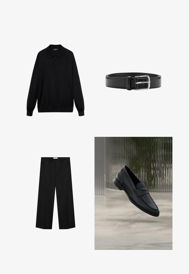Polo negro de manga larga hecho de tejido suave, con un collar clásico, tres botones y puños y dobladillo acanalados.; Pantalones negros de pierna ancha hechos de un material liso, con bolsillos delanteros, cierre de botón y una plancha a lo largo de cada pierna.; Zapato tipo mocasín de cuero negro con acabado liso, punta puntiaguda y detalles cosidos en la pala. Tacón bajo y diseño minimalista.; Cinturón de cuero negro con costuras visibles y una hebilla plateada brillante, colocado plano en posición enrollada sobre un fondo blanco.