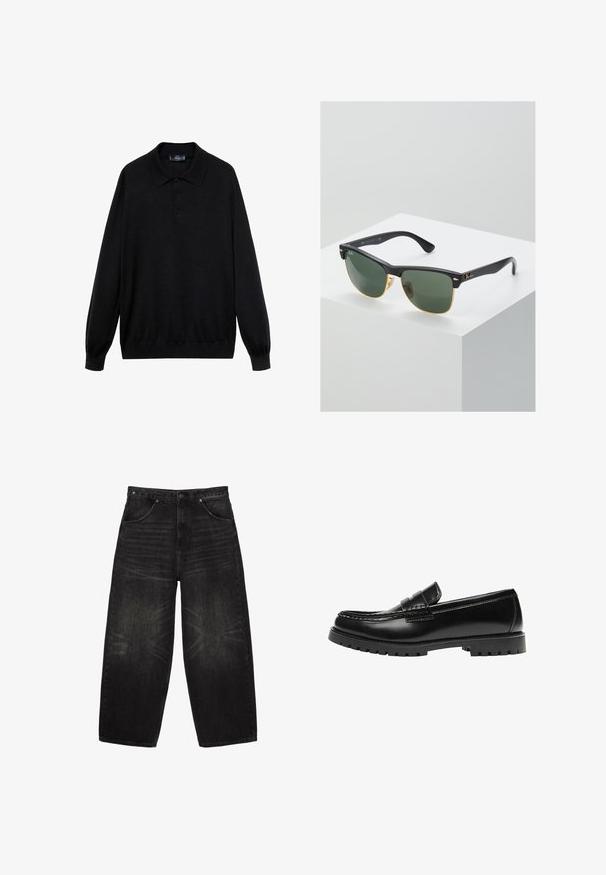 Sort langærmet polo-skjorte lavet af blødt stof, med klassisk krave, tre knapper og ribbede manchetter og kant.; Sorte denimjeans med brede ben, forlommer, bæltestropper og subtilt falmede detaljer på lår og knæ.; Sort læderloafer med en kraftig gummisål og klassiske penny-strap detaljer, vist fra ydersiden.; Ray-Ban solbriller med grønne linser, sorte plastikstel og gyldne detaljer ved kanterne. Firkantet form med mat finish.
