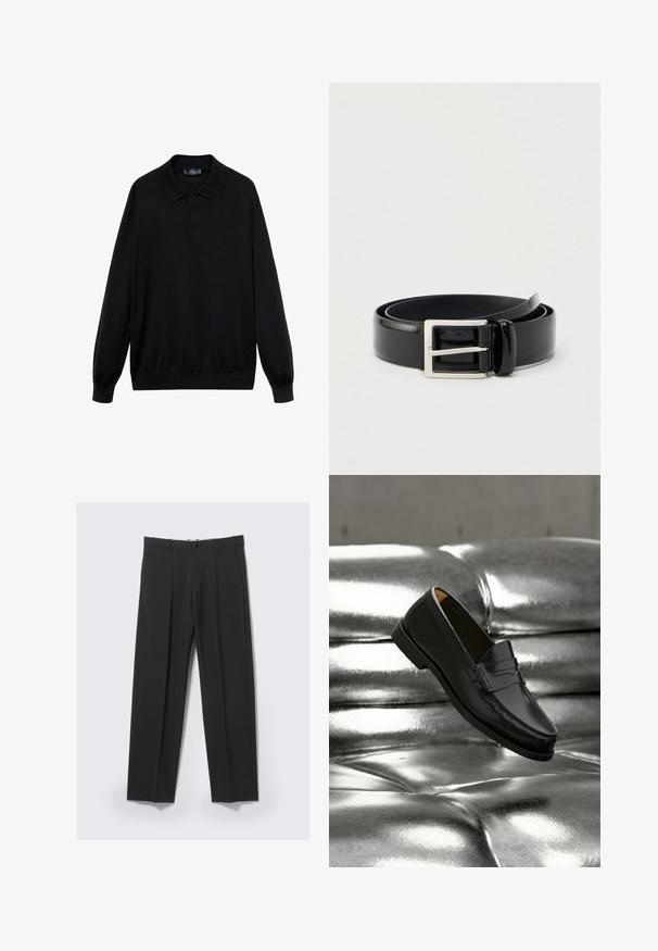 Polo negro de manga larga hecho de tejido suave, con un collar clásico, tres botones y puños y dobladillo acanalados.; Pantalones negros a medida con pinzas delanteras, bolsillos laterales, trabillas para cinturón y cierre de botón en la cintura sobre un fondo claro.; Zapato mocasín de cuero negro flotando sobre un sofá plateado brillante con tapizado capitoné de cuero en un ambiente minimalista.; Cinturón enrollado de cuero negro brillante con una hebilla metálica rectangular plateada sobre un fondo claro y liso.