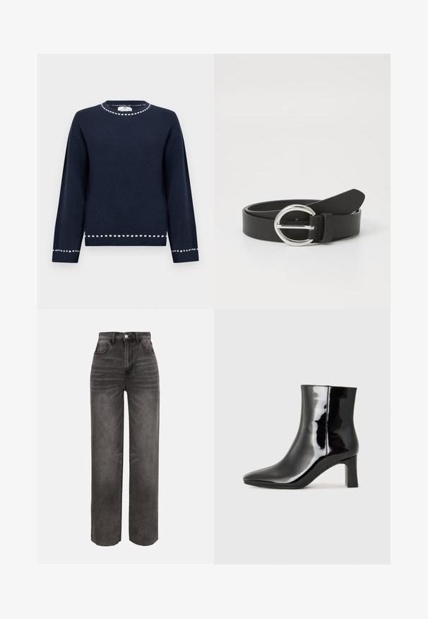 Pull bleu marine en tissu doux avec un col rond, présentant des détails blancs le long du col et de l'ourlet, et des manches longues.; Jean denim noir large à taille haute, délavé, avec poches avant, fermeture à boutons et passants pour ceinture sur fond uni.; Bottines en cuir verni noir avec un bout pointu et un talon block de hauteur moyenne. Texture lisse et design minimaliste.; Ceinture en cuir noir avec une boucle en argent rond, texture lisse et design épuré. La sangle est ajustable avec une extrémité pointue.
