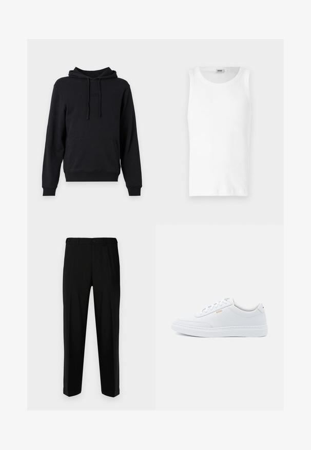 Hoodie noir en mélange de coton, avec une poche kangourou, un capuchon à cordon de serrage réglable et un logo en relief sur la poitrine.; Débardeur en coton blanc sans manches avec un col rond et une texture lisse. Design simple, sans motifs ni accents.; Pantalon noir en tissu lisse, présentant une coupe droite, deux poches avant et une fermeture à glissière avec bouton.; Baskets blanches en cuir avec une texture lisse, bout rond et coutures tonales. Possède des lacets bleus et un logo doré sur le côté.