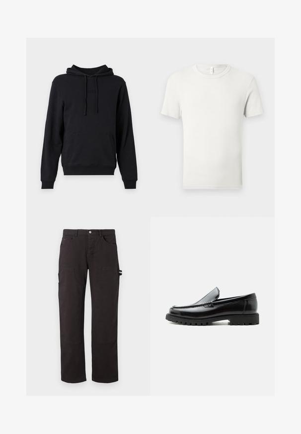 Hoodie noir en mélange de coton, avec une poche kangourou, un capuchon à cordon de serrage réglable et un logo en relief sur la poitrine.; T-shirt blanc uni à manches courtes et col rond, étalé à plat sur un fond gris clair, avec une petite étiquette en tissu au niveau du col.; Tommy Jeans JAIMIE CARPENTER DOUBLE KNEE - Pantalon classique - black; Mocassin en cuir noir avec semelle en caoutchouc épaisse, dessus cousu et nom de marque embossé sur le talon, présenté de profil sur fond blanc.