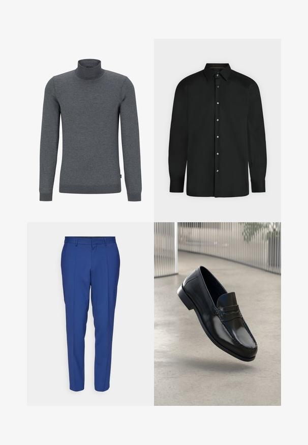 Hall hallhalli sweater pehmest kudumisest. Omab pikki varrukasid, ribatud kraed ja regulaarset lõike, millel on sile tekstuur.; Must pika varrukaga nööbitav särk, terava kraega ja nööbitavate mansettidega, esitatud heleda ühevärvilise tausta ees.; Sinised kohandatud püksid, mis on valmistatud siledast kangast, lamedate esiosadega, kahe külje taskuga ja kitseneva jala disainiga.; Mustad nahast mokassiinid, millel on sile viimistlus, ümar varvas, dekoratiivsed õmblused ja veidi kõrgendatud tald.