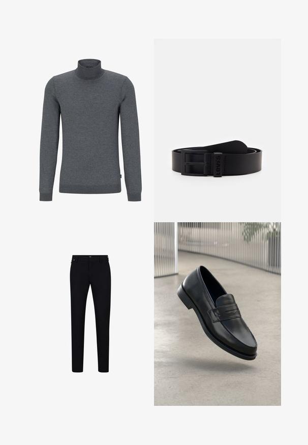 Grå turtleneck sweater lavet af blødt strikstof. Har lange ærmer, en ribbet krave og en almindelig pasform med en glat tekstur.; Sorte bukser med slim fit, lavet af letvægtigt stof. Udstyret med sidelommer og lynlås, samt diskret branding på taljebåndet.; Sort lædersko med glat tekstur, spids tå og en dekorativ rem over vristen. Letvægts sål, minimalistisk design.; Sort læderbælte med en rektangulær metalspænde. Spændet har en mat finish og inkluderer en rektangulær logo-plade.