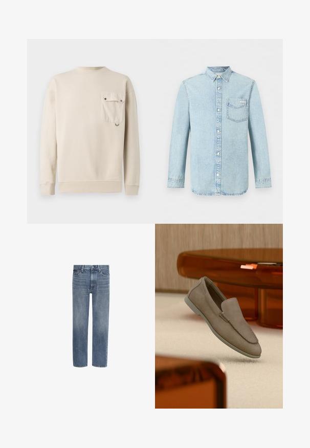 Barbour LEAZES CREW NECK - Sweatshirt - ecru; Chemise en denim bleu clair à manches longues, fermeture boutonnée devant, une poche poitrine simple avec le logo Calvin Klein, et un col pointu.; Jean en denim bleu à jambes droites, avec poches avant, passants de ceinture et fermeture par bouton.; Mocassin beige en daim à enfiler avec coutures visibles et semelle claire, positionné au-dessus d'un tapis crème, avec un meuble translucide orange en arrière-plan.