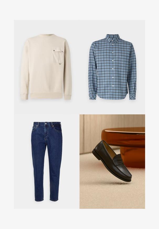 Barbour LEAZES CREW NECK - Sweatshirt - ecru; Chemise boutonnée en coton tissé, motif tartan bleu et noir, à manches longues, avec col, boutons blancs et poignets ajustables.; Jean droit en denim bleu foncé avec fermeture à bouton et zip à l'avant, passants pour ceinture, poches avant et arrière.; Chaussure mocassin en cuir noir suspendue au-dessus d’un tapis beige avec du mobilier moderne couleur ambre en arrière-plan.